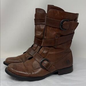 Born Brown Leather Moto Harness Boots Buckle Mid Calf Biker Boots Rugged Rocker
